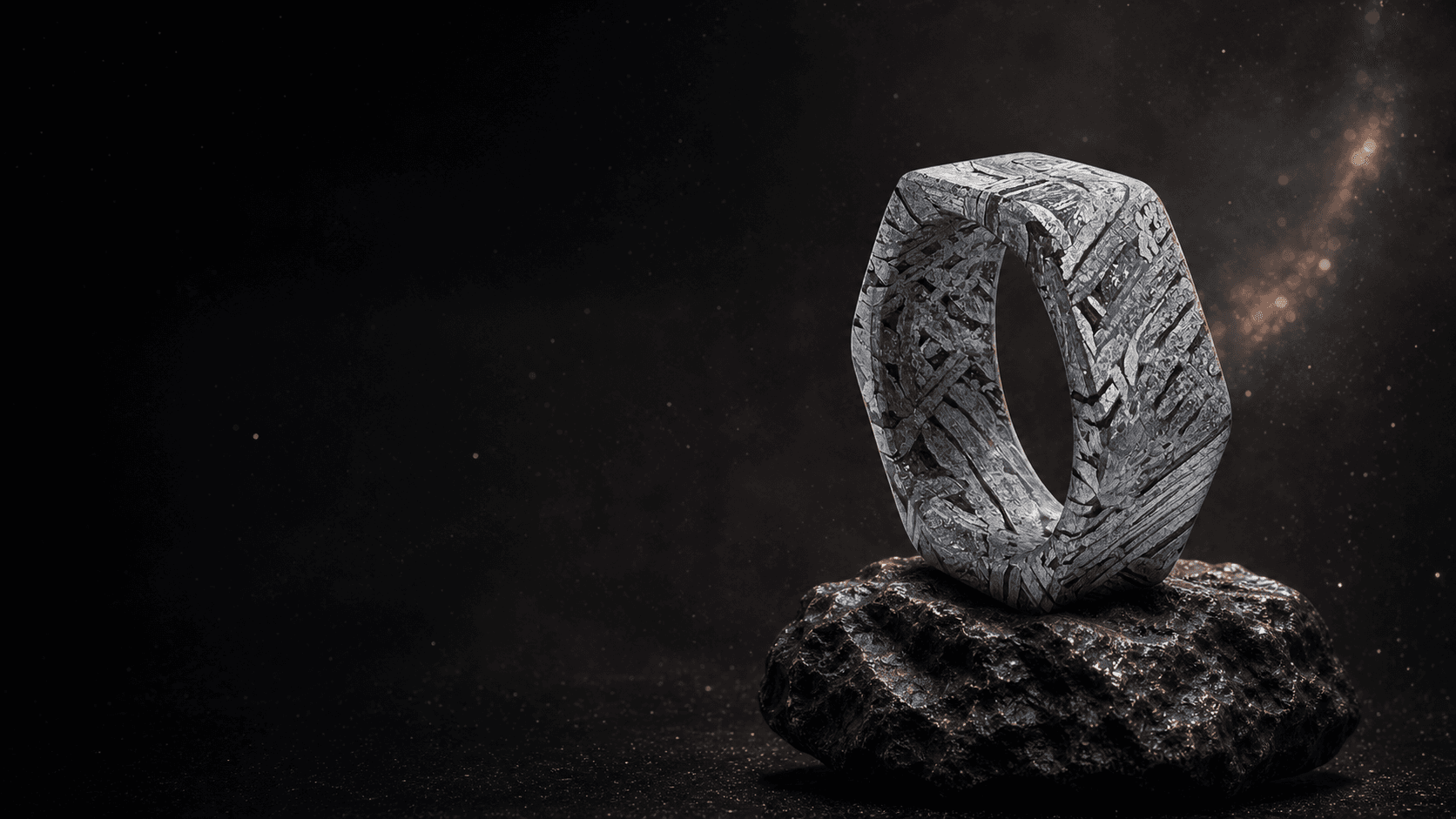 Genuine meteorite ring resting on a meteorite, with the Widmanstätten pattern
